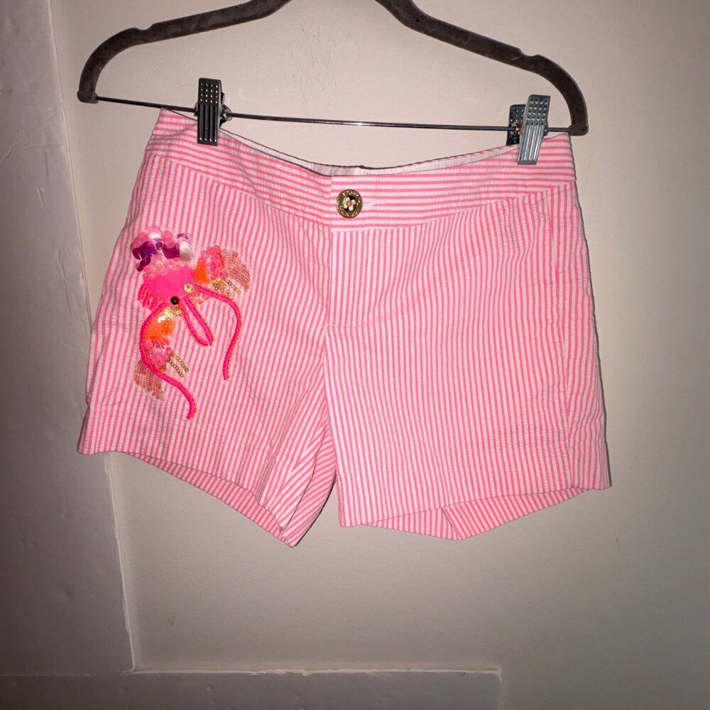 Lilly Pulitzer Pink and White Striped Flamingo Embroidered Shorts